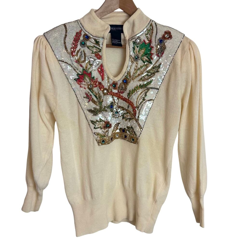 Vintage 90s Spree International Lambswool Sweater Womens S Beige Sequin Beaded